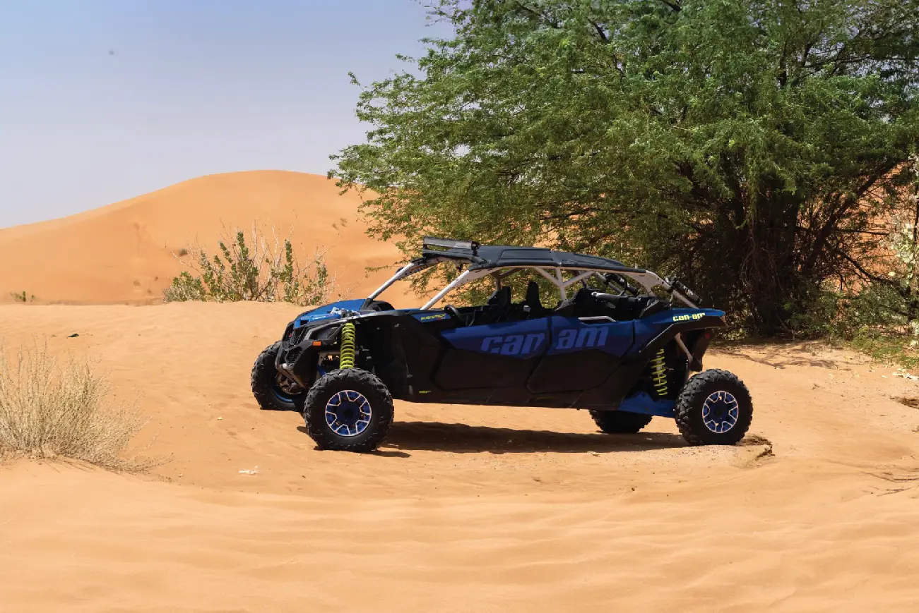 Side view of a blue Can-Am buggy beside a desert tree