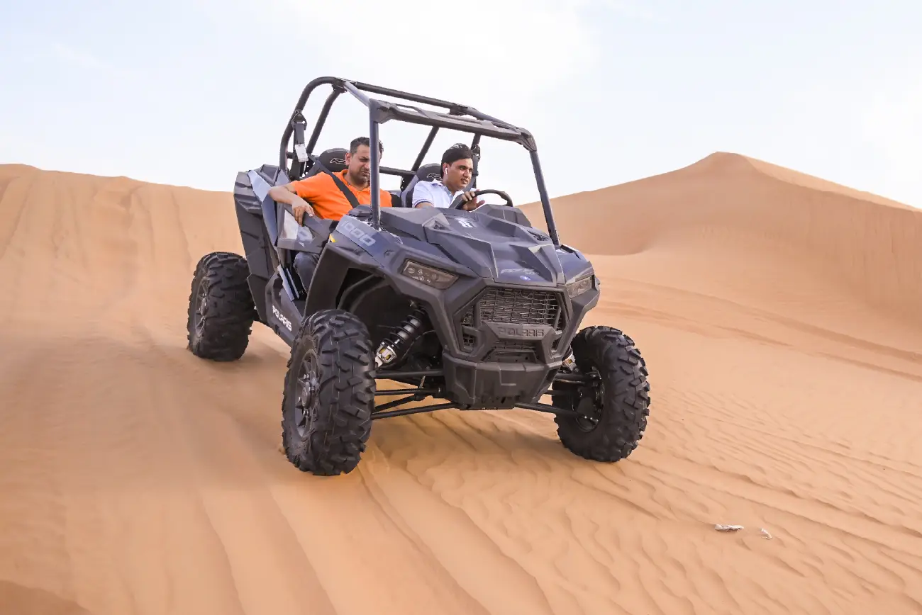 Front view of a Polaris buggy in the desert